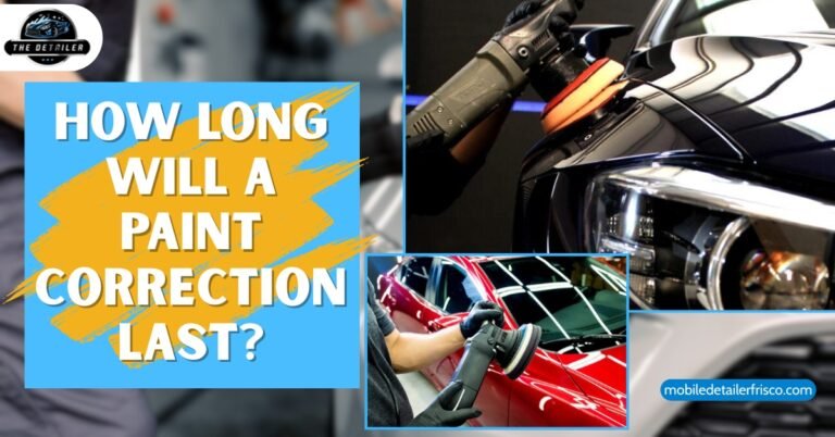 Infographic showing paint correction process and results with polishing tools and glossy car surface