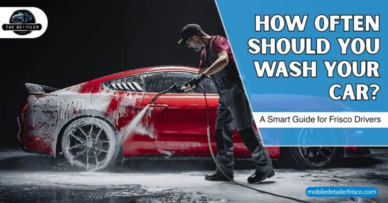 Man washing a red sports car with foam at a detailing center, promoting a car wash frequency guide by The Detriler.