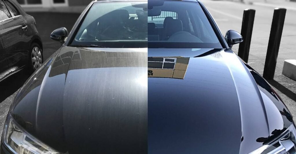 Before and after results of car paint correction showing removal of swirl marks and enhanced gloss

