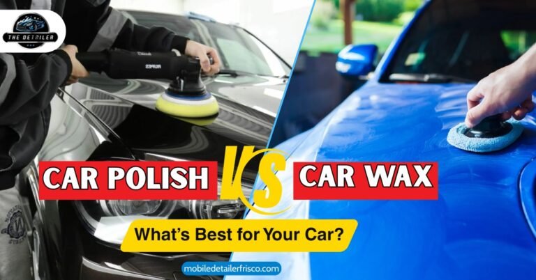 Split image showing car polish being applied to a black car and car wax being applied to a blue car