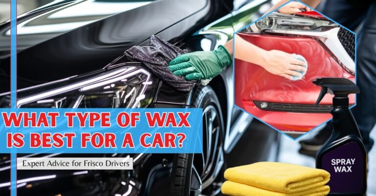 Person applying wax to a shiny black car with spray wax bottle and microfiber cloths, highlighting best wax types for cars.