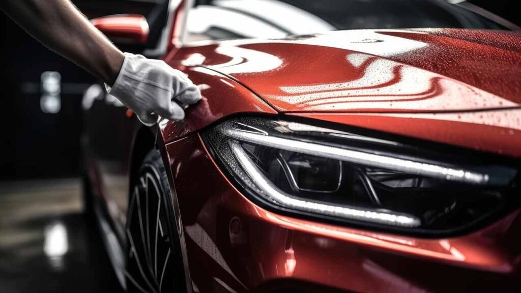Professional exterior car detailing on a red luxury sedan in Frisco, TX