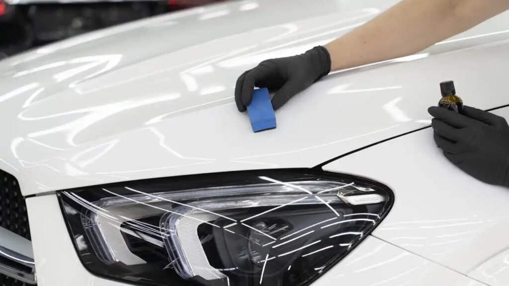 Detailing professional applying ceramic coating to white vehicle for enhanced shine and durability

