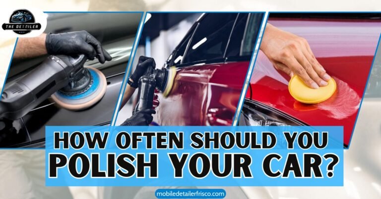 Three stages of car polishing showing machine and hand techniques, illustrating how often to polish your car in Frisco TX for best results