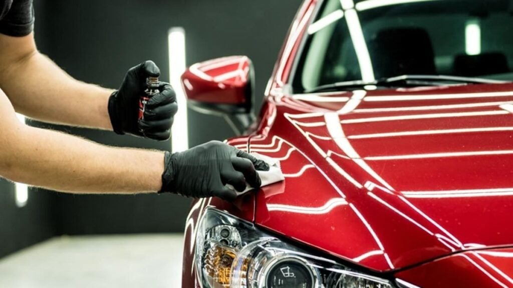 Auto detailer applying ceramic coating to a red car for long-lasting paint protection