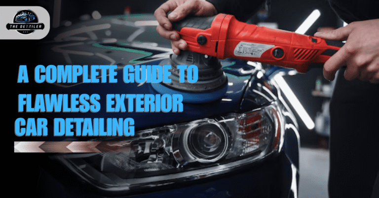 Professional car detailer using a red machine polisher on a black car's headlight during exterior detailing process, demonstrating flawless car care techniques.