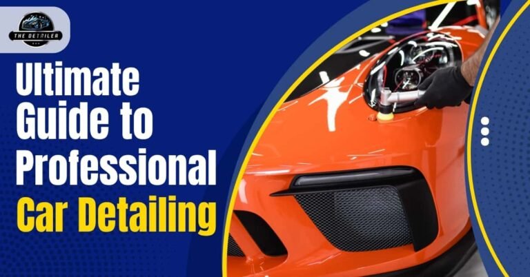Professional car detailer polishing an orange sports car’s headlight, representing expert car detailing in Frisco.