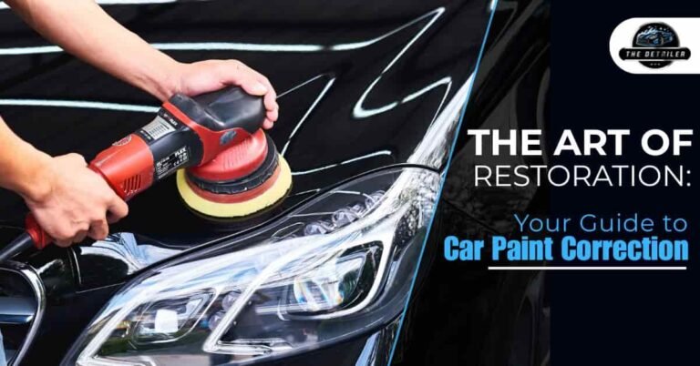 Close-up of the car paint correction process, showing a polisher restoring the glossy finish on a black vehicle's paint.