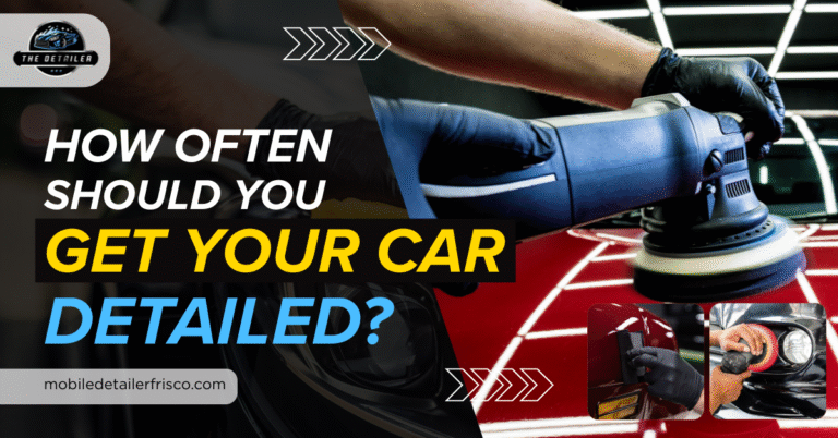 Professional car detailing with polishing tools and cleaning process shown