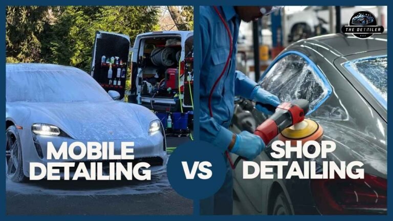 Split image showing a foamed car in front of a mobile detailing van on the left and a technician polishing a car at a detailing shop on the right, representing mobile vs shop car detailing.