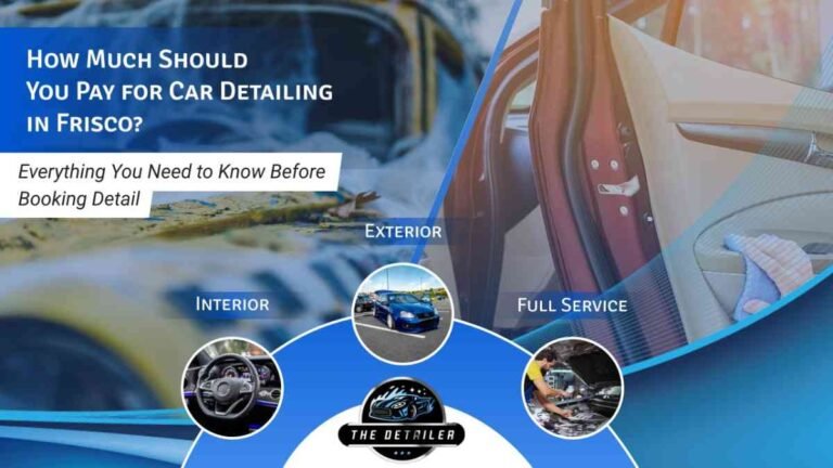 Car detailing pricing guide infographic for Frisco Texas showing interior exterior and full service options with luxury vehicle images and The Detailer branding