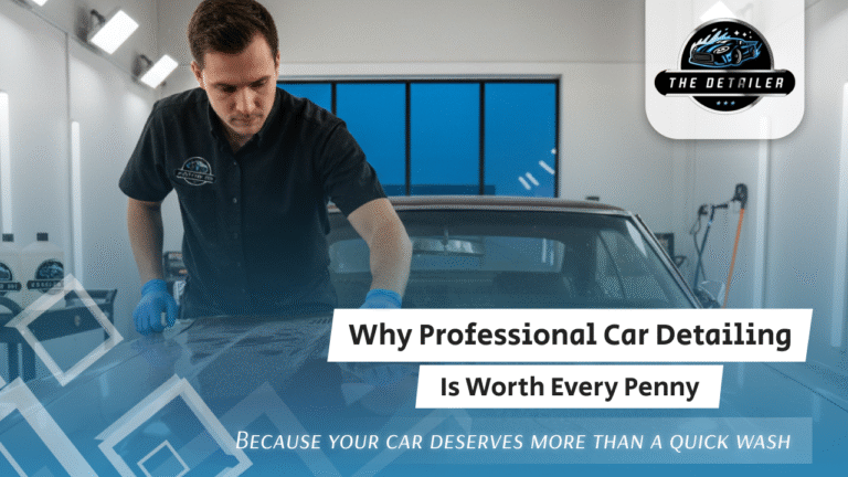 Professional car detailer polishing a car hood in a modern studio in Frisco, TX, emphasizing expert car care and detailing services.